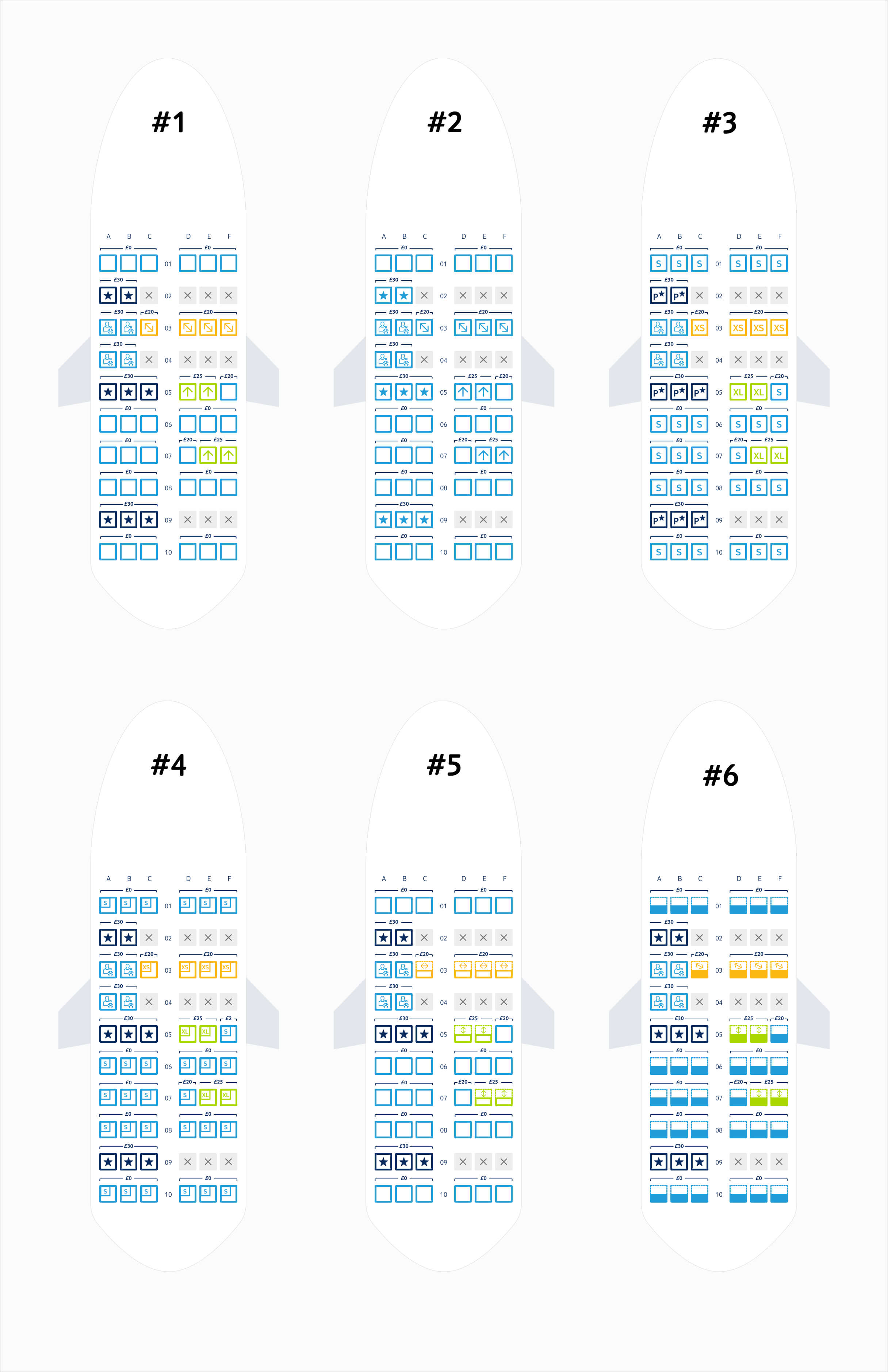 Seat maps with a variety of icons to represent each of the seat types