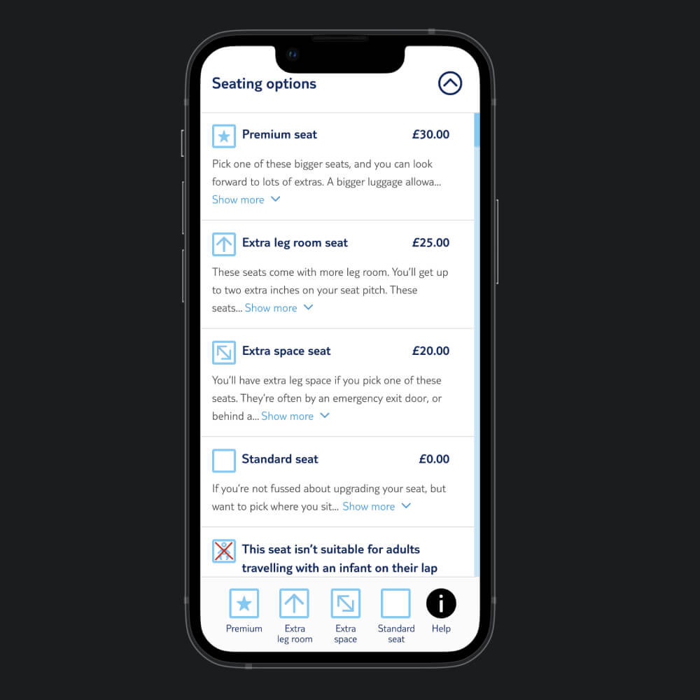 Mobile view of the final design of a the seat map page