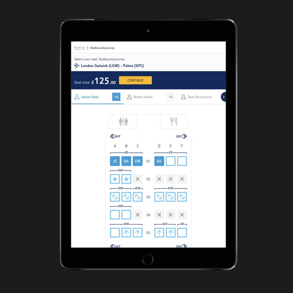 Tablet view of the final design of a the seat map pagee