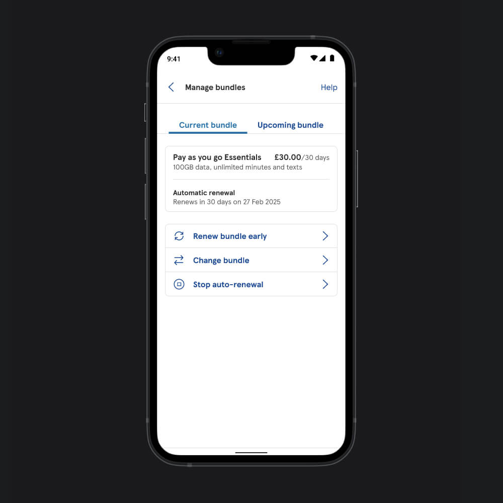 Tesco Mobile manage bundles page - current bundle