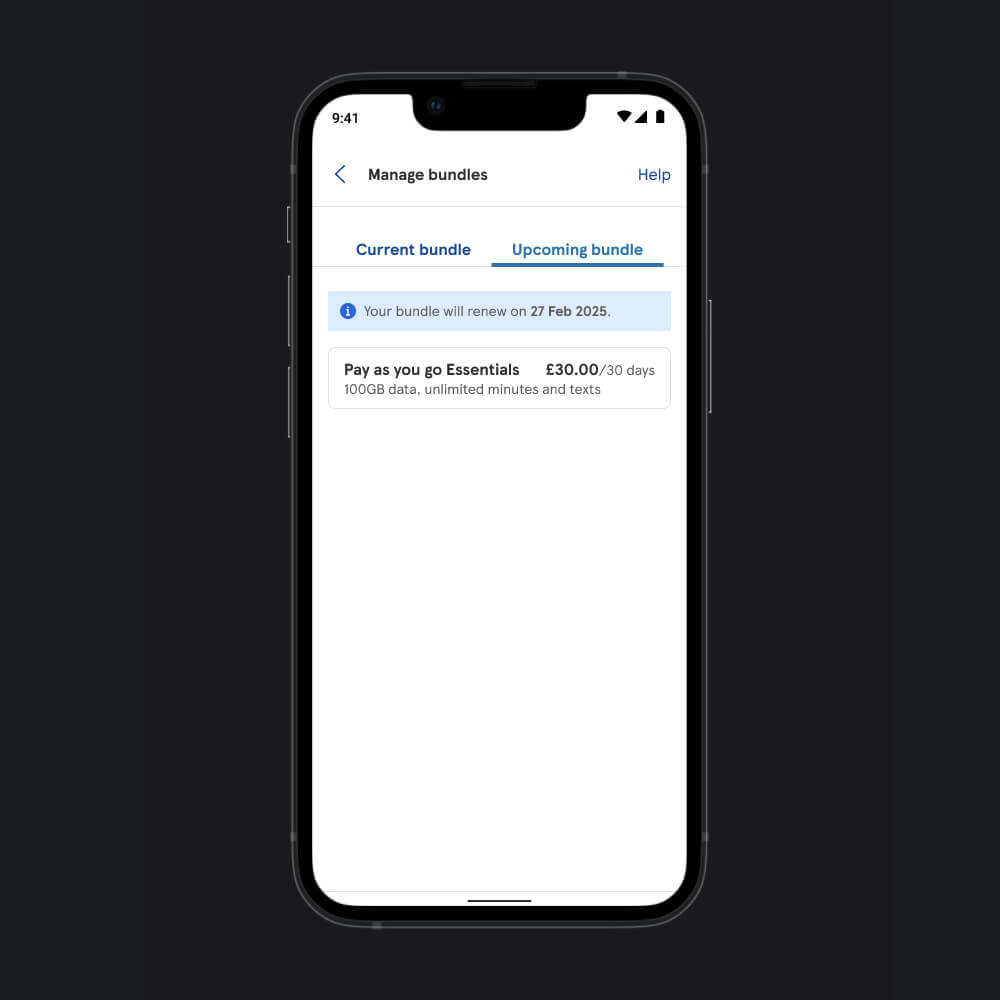 Tesco Mobile manage bundles page - upcoming bundle