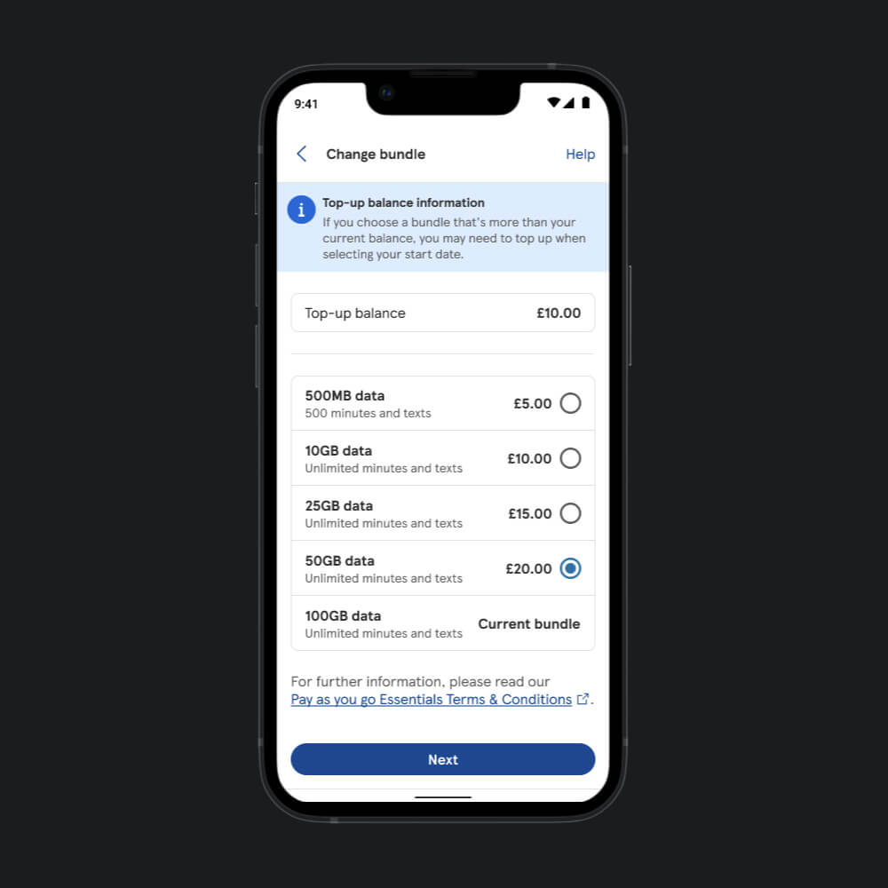 Tesco Mobile change bundle page