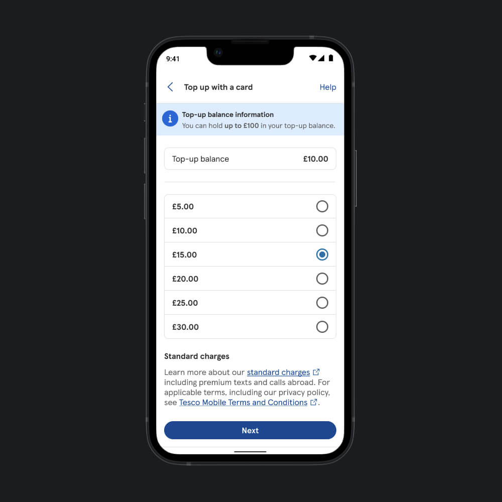 Tesco Mobile top-up selection page