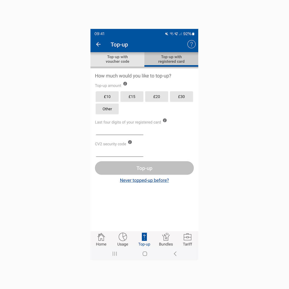 Tesco Mobile top up screen
